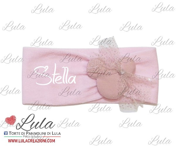 Fascia neonata Rosa con Minnie e fiocco in organza scintillante, perso