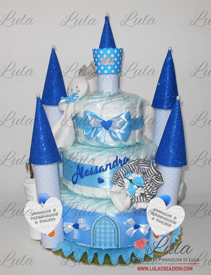 Torta di pannolini CASTELLO Elegant Extralarge + Bavaglino personalizz