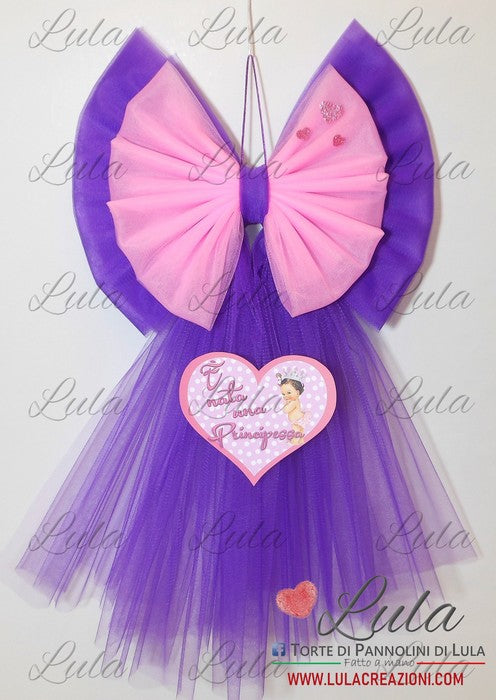 Doppio Fiocco nascita in Tulle Viola/Rosa + Cuore con personaggio a pi