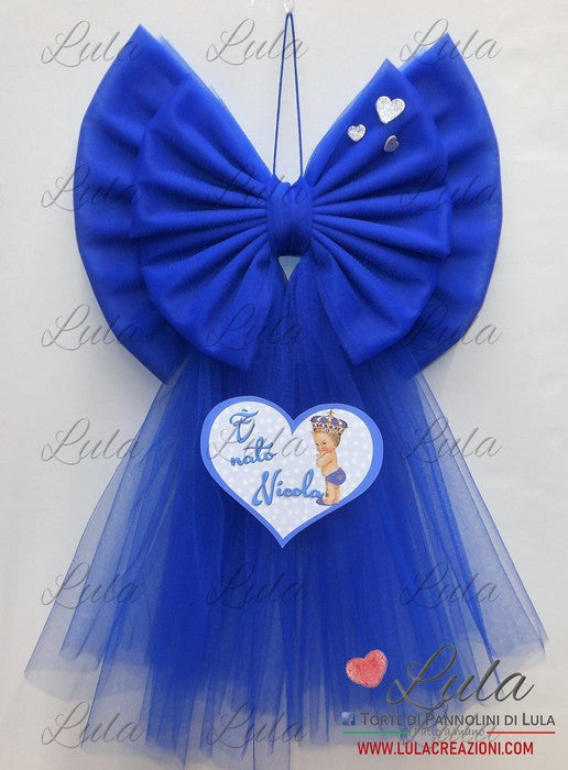 Doppio Fiocco nascita in Tulle Celeste + Cuore con personaggio a piace