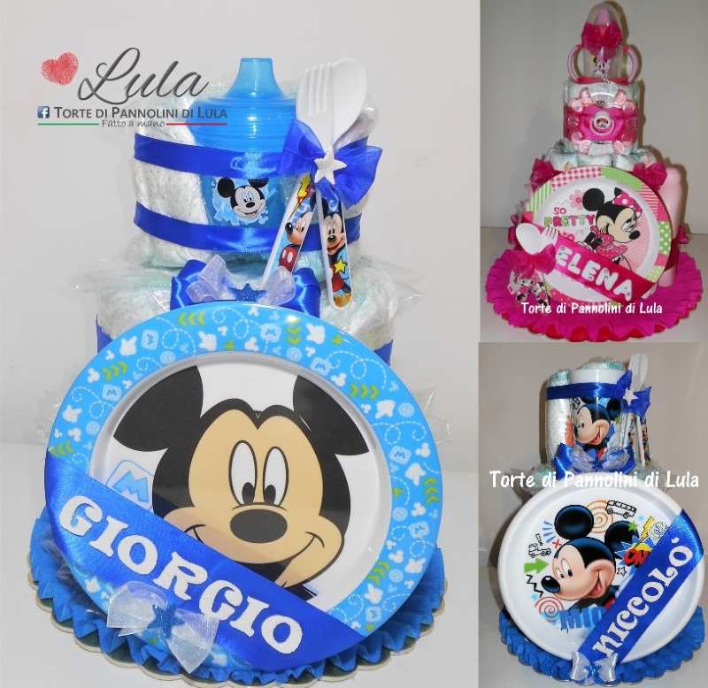 Torta di pannolini + set Pappa Topolino/Minnie vari modelli