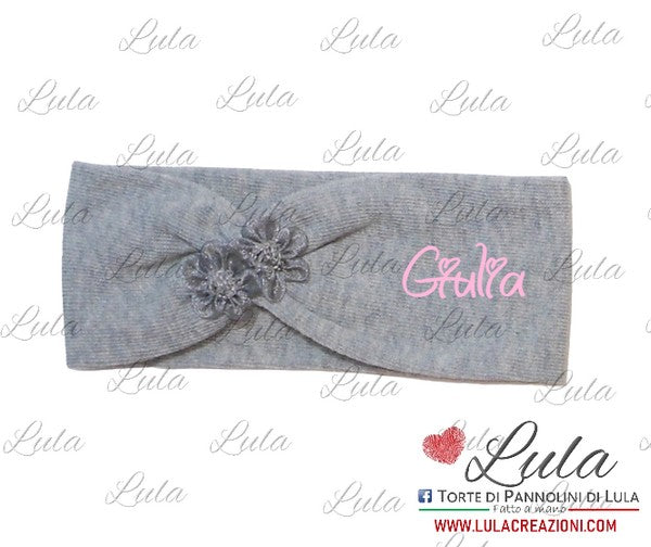 fascia elastica neonata caldo cotone con fiore grigio ecri fiocco rosellina organza personalizzata nome idea regalo nascita battesimo baby shower natale battesimo pasqua economico utile particolare femmina rosa torta di pannolini pampers shop online spedizioni italia ancona milano torino