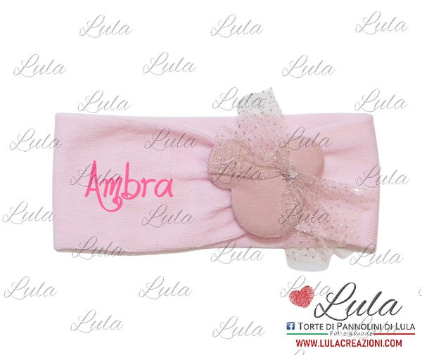 fascia elastica neonata cotone minnie e fiocco organza scintillante personalizzata nome idea regalo nascita battesimo baby shower natale battesimo pasqua economico utile particolare femmina rosa torta di pannolini pampers shop online spedizioni italia ancona milano torino