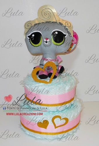 Torta di pannolini pampers Lula Creazioni con peluche LOL pets femmina. Cane cagnolino cucciolo Idea regalo per nascita, battesimo o baby shower rosa. personalizzata nome bimba. Utile originale sconto. Spedizioni shop 