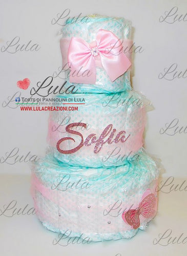 Torta di pannolini lula creazioni rosa femmina miss chic fascia neonata utile originale pampers personalizzata tulle ancona spedizione italia farfalla nuova 2024 2025