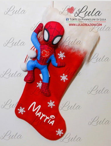 Calza Natale personalizzata con nome natalizia Natale Epifania befana Spiderman uomo ragno idea regalo bimbo bambino Lula Creazioni Torte di pannolini 2023 2024