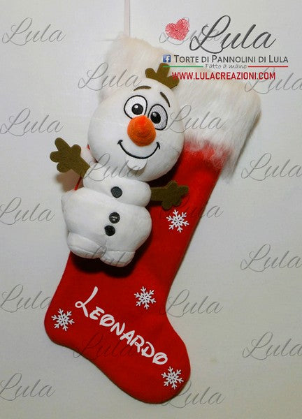 Calza Natale personalizzata con nome natalizia Natale Epifania befana olaf pupazzo di neve idea regalo bimbo bambino Lula Creazioni Torte di pannolini 2023 2024