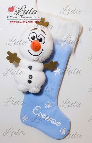 Calza Natale personalizzata con nome natalizia Natale Epifania befana olaf pupazzo di neve idea regalo bimbo bambino Lula Creazioni Torte di pannolini 2023 2024