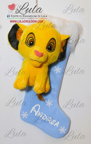 Calza Natale personalizzata con nome natalizia Natale Epifania befana re leone simba idea regalo bimbo bambino maschio Lula Creazioni Torte di pannolini 2023 2024