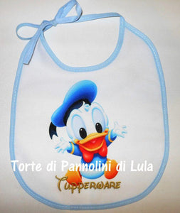 Torta di Pannolini PACCO REGALO  - Bavaglino personalizzato nome dedica Lula Creazioni Paperino Tapperware idea regalo gravidanza nascita battesimo baby shower neonato bella utile originale shop online spedizioni italia ancona