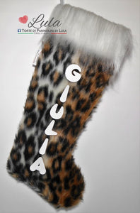 Calza Befana Epifania Natale 2020 2021 Lula Creazioni animalier pelliccia leopardo ghepardo nome personalizzato idea regalo ragazza bambina famiglia