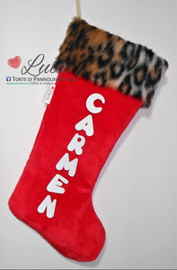 Calza Befana Epifania Natale 2020 2021 Lula Creazioni animalier pelliccia leopardo ghepardo nome personalizzato idea regalo ragazza bambina famiglia