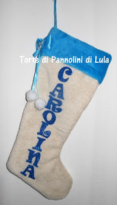 Calza Natale personalizzata nome dedica fucsia rosa azzurro blu rosso brillantini famiglia Epifania befana idea regalo bimbo bimba bambina bambino Lula Creazioni