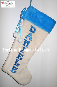 Calza Natale personalizzata nome dedica fucsia rosa azzurro blu rosso brillantini famiglia Epifania befana idea regalo bimbo bimba bambina bambino Lula Creazioni