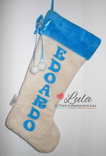 Calza Natale personalizzata con nome dedica azzurro brillantini famiglia Epifania befana idea regalo bimbo bimba bambina bambino Lula Creazioni 