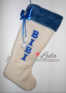 Calza Natale personalizzata nome dedica fucsia rosa azzurro blu rosso brillantini famiglia Epifania befana idea regalo bimbo bimba bambina bambino Lula Creazioni