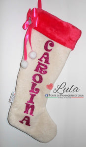 Calza Natale personalizzata nome dedica fucsia rosa azzurro blu rosso brillantini famiglia Epifania befana idea regalo bimbo bimba bambina bambino Lula Creazioni