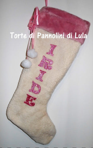 Calza Natale personalizzata nome dedica fucsia rosa azzurro blu rosso brillantini famiglia Epifania befana idea regalo bimbo bimba bambina bambino Lula Creazioni