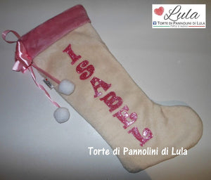 Calza Natale personalizzata nome dedica fucsia rosa azzurro blu rosso brillantini famiglia Epifania befana idea regalo bimbo bimba bambina bambino Lula Creazioni