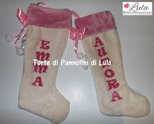 Calza Natale personalizzata nome dedica fucsia rosa azzurro blu rosso brillantini famiglia Epifania befana idea regalo bimbo bimba bambina bambino Lula Creazioni