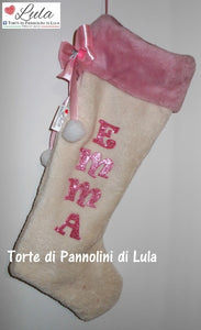 Calza Natale personalizzata nome dedica fucsia rosa azzurro blu rosso brillantini famiglia Epifania befana idea regalo bimbo bimba bambina bambino Lula Creazioni