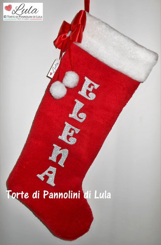 Calza Natale personalizzata con nome dedica rosso  brillantini famiglia Epifania befana idea regalo bimbo bimba bambina bambino Lula Creazioni