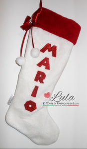 Calza Natale personalizzata con nome dedica rosso famiglia Epifania befana idea regalo bimbo bimba bambina bambino Lula Creazioni