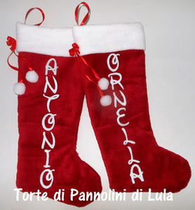 Calza Natale personalizzata con nome dedica rosso famiglia Epifania befana idea regalo bimbo bimba bambina bambino Lula Creazioni