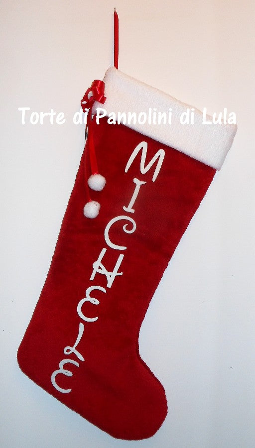 Calza Natale personalizzata con nome dedica rosso famiglia Epifania befana idea regalo bimbo bimba bambina bambino Lula Creazioni 