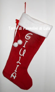 Calza Natale personalizzata con nome dedica rosso famiglia Epifania befana idea regalo bimbo bimba bambina bambino Lula Creazioni