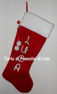 Calza Natale personalizzata con nome dedica rosso famiglia Epifania befana idea regalo bimbo bimba bambina bambino Lula Creazioni