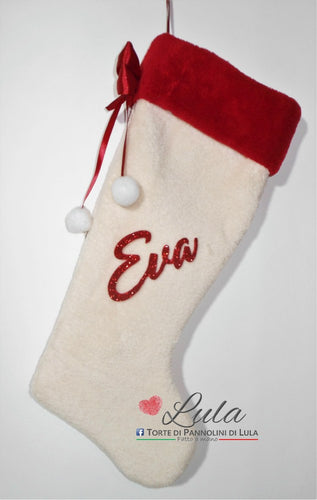 Calza Natale personalizzata con nome dedica rosso famiglia Epifania befana idea regalo bimbo bimba bambina bambino Lula Creazioni
