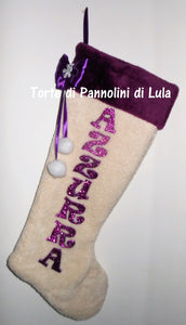 Calza Natale personalizzata nome dedica fucsia rosa azzurro blu rosso brillantini famiglia Epifania befana idea regalo bimbo bimba bambina bambino Lula Creazioni