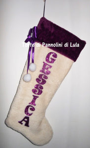 Calza Natale personalizzata nome dedica fucsia rosa azzurro blu rosso brillantini famiglia Epifania befana idea regalo bimbo bimba bambina bambino Lula Creazioni