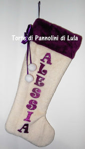 Calza Natale personalizzata nome dedica fucsia rosa azzurro blu rosso brillantini famiglia Epifania befana idea regalo bimbo bimba bambina bambino Lula Creazioni