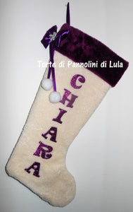 Calza Natale personalizzata nome dedica fucsia rosa azzurro blu rosso brillantini famiglia Epifania befana idea regalo bimbo bimba bambina bambino Lula Creazioni