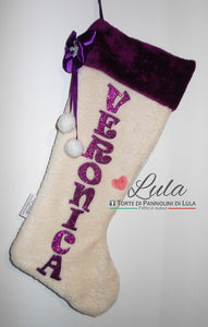 Calza Natale personalizzata nome dedica fucsia rosa azzurro blu rosso brillantini famiglia Epifania befana idea regalo bimbo bimba bambina bambino Lula Creazioni