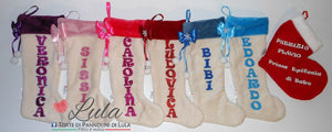 Calza Natale personalizzata nome dedica fucsia rosa azzurro blu rosso brillantini famiglia Epifania befana idea regalo bimbo bimba bambina bambino Lula Creazioni