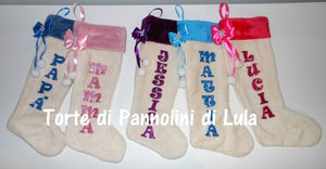 Calza Natale personalizzata nome dedica fucsia rosa azzurro blu rosso brillantini famiglia Epifania befana idea regalo bimbo bimba bambina bambino Lula Creazioni