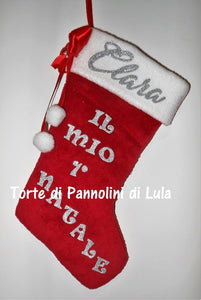 Calza Natale personalizzata nome dedica rosso brillantini famiglia Epifania befana idea regalo bimbo bimba bambina bambino Lula Creazioni