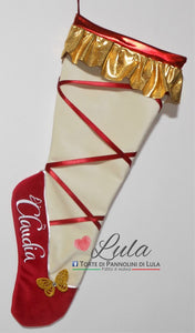 Calza befana Natale epifania Lula Creazioni ballerina scarpetta farfalla velluto rosso oro nome personalizzato peluche idea regalo natalizia lei ragazza danza ballo femmina