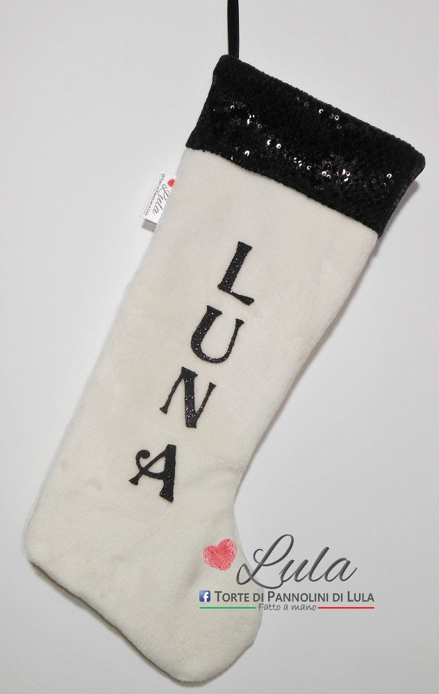 Calza befana Natale epifania Lula Creazioni nero pitone animalier nome personalizzato peluche idea regalo natalizia lei ragazza lui donna paillette