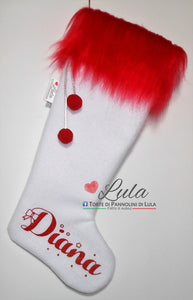 Calza befana Natale epifania Lula Creazioni nome personalizzato peluche idea regalo natalizia maschio femmina rosso bambino bimbo bambina pon pon