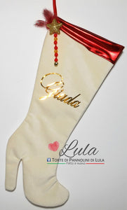 Calza befana Natale epifania Lula Creazioni stivale tacco perle velluto panna rosso oro nome personalizzato peluche idea regalo natalizia lei ragazza donna moda mamma nonna