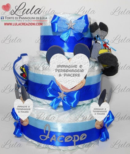 Torta di pannolini + Regalini TOPOLINO / MINNIE - Torte di Pannolini di Lula Minnie Topolino Pampers personalizzabile fucsia celeste azzurra maschio femmina rosa verde idea regalo gravidanza nascita battesimo baby shower neonato bella utile originale shop online spedizioni italia ancona personalizzabile