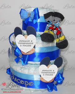 Torta di pannolini + Regalini TOPOLINO / MINNIE - Torte di Pannolini di Lula Minnie Topolino Pampers personalizzabile fucsia celeste azzurra maschio femmina rosa verde idea regalo gravidanza nascita battesimo baby shower neonato bella utile originale shop online spedizioni italia ancona personalizzabile calzini bavaglino personalizzato nome prodotti igiene biberon ciuccio copertina