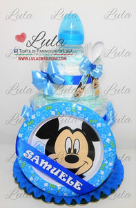 torta di pannolini Lula Creazioni pampers idea regalo utile originale bella gravidanza baby shower nascita battesimo topolino set pappa piatto azzurro maschio shop online spedizioni italia ancona