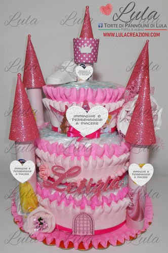 Torta di Pannolini CASTELLO Prestige - Lula Creazioni Pampers - rosa fucsia femmina bimba bambina principessa idea regalo gravidanza baby shower nascita battesimo utile bella originale shop online spedizioni italia ancona milano torino bologna