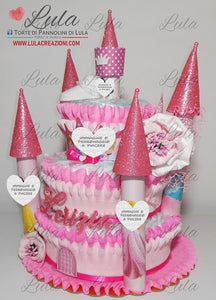 Torta di Pannolini CASTELLO Prestige - Lula Creazioni Pampers - rosa fucsia femmina bimba bambina principessa idea regalo gravidanza baby shower nascita battesimo utile bella originale shop online spedizioni italia ancona milano torino bologna