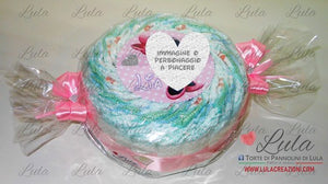 torta di pannolini pampers lula creazioni personalizzata nome bebè idea regalo utile originale particolare economica nascita battesimo baby shower shop online spedizioni italia ancona milano torino caramella rosa femmina bambina minnie